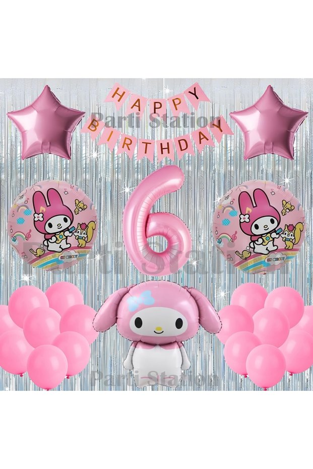 Kuromi My Melody Concept 6Th Birthday Balloon Set with Curtain and Pink Number Balloons