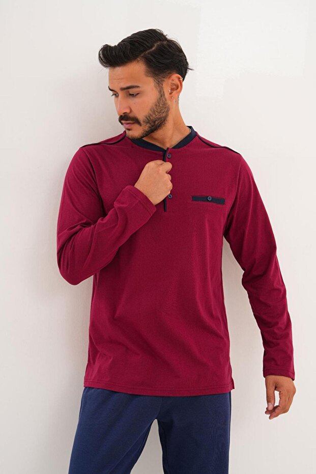 Men's Plain Plaid Burgundy Pajama Set 8000