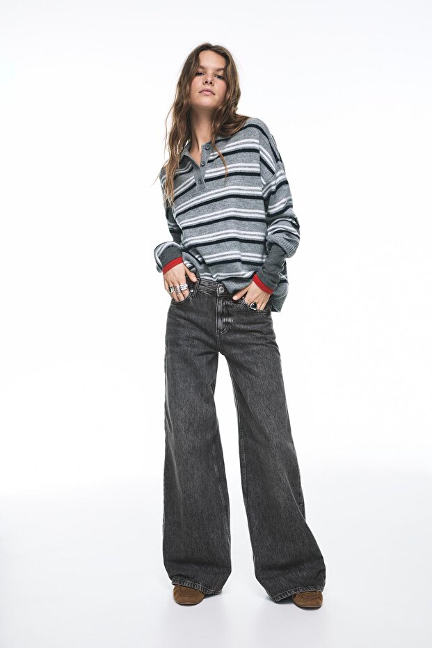 Geniş paça düşük bel jean - 1