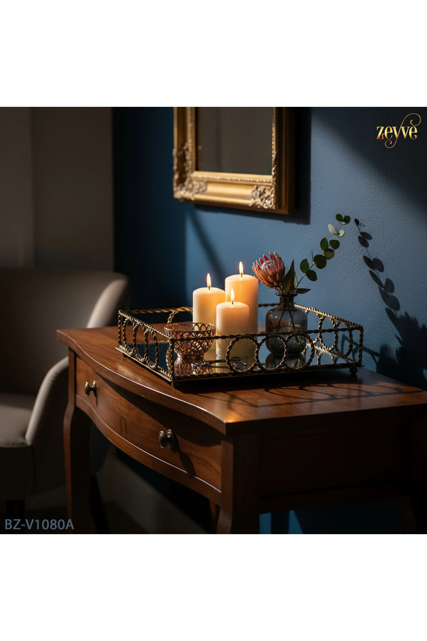 صينية ديكور أنيقة على شكل حلقة حلزونية مستطيلة الشكل مع مرآة، مقاس 40×26×9 سم - 3