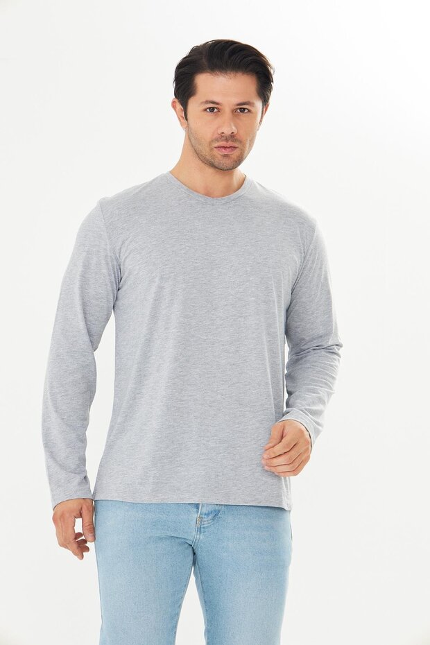 Men's Cotton V-Neck Long Sleeve T-Shirt Gray Melange 5021-g