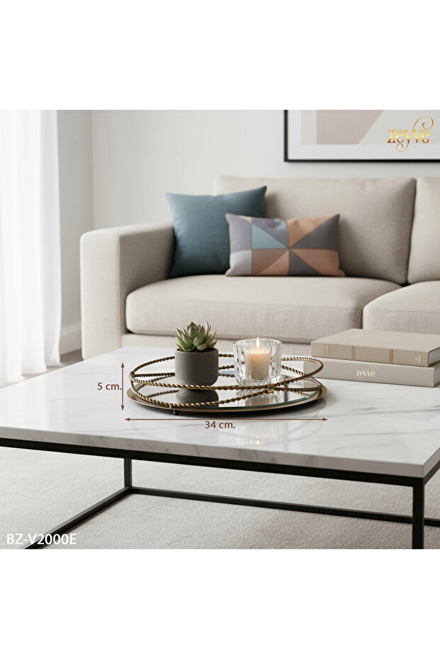 Burgu Model Mirrored Stylish Decorative Round Tray 34X34X5Cm