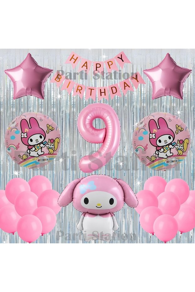 Kuromi My Melody Concept 9Th Birthday Balloon Set with Curtain and Pink Number Balloons