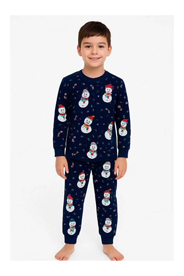 New Year Navy Blue Snowman Unisex Children's Pajama Set