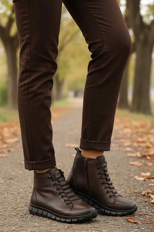 Brown Genuine Leather Rubber Laced Women's Boots 3910 Z