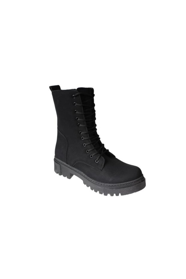 Yazkiş Women's Black Matte Leather Lace-Up Zippered 18cm Ankle Length Flat Thermo Sole Boots