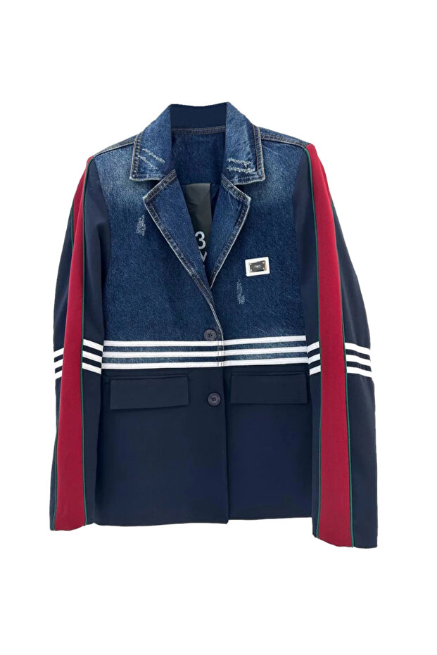 Tw3 Women's Denim Fabric Paneled Striped Detail Design Blazer Jacket