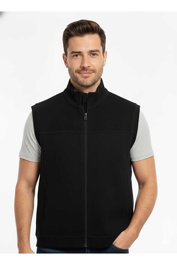 Siyah Fermuarlı Dik Yaka Örme Erkek Yelek - 2