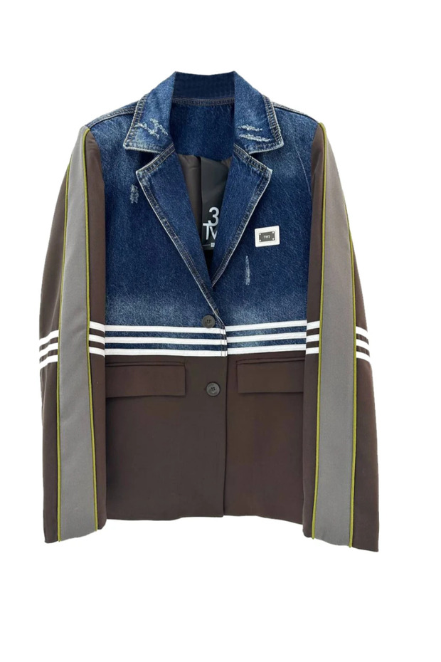 Tw3 Women's Denim Fabric Paneled Striped Detail Design Blazer Jacket