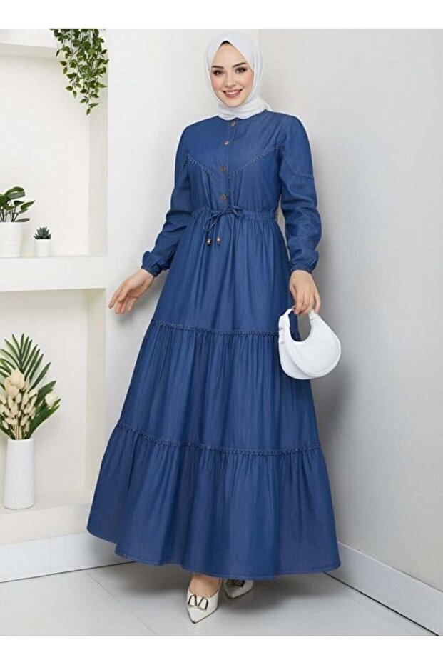 Womens Lace Detailed Buttoned and Lace-Up Dark Denim Blue Dress