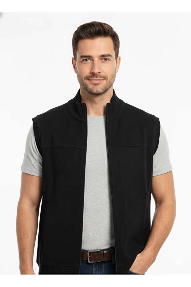 Siyah Fermuarlı Dik Yaka Örme Erkek Yelek - 1