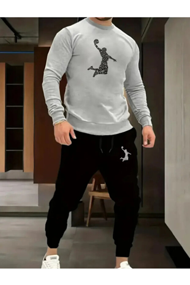 Basketball Player Design Grey Crew Neck Sweatshirt Black Sweatpants Men's Top and Bottom Tracksuit Set