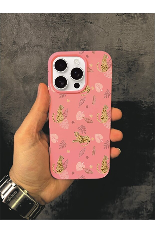 iPhone 16 Pro Compatible Leopard Patterned Pink Case - 1