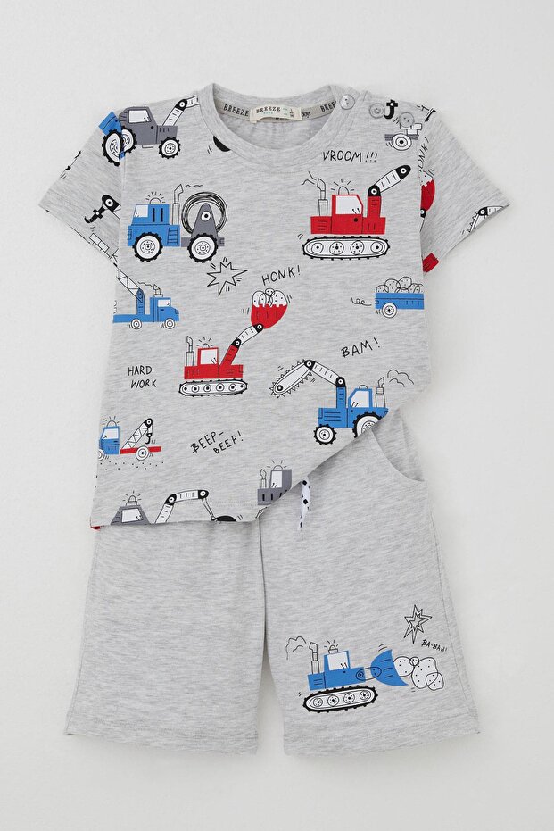 Boy's Shorts Set Fun Construction Vehicles Patterned 1.5-5 Years Old, Light Gray Melange