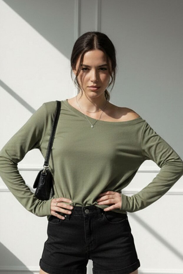 Khaki Women's Off-Shoulder Boat Neck Relaxed Fit Long Sleeve T-Shirt