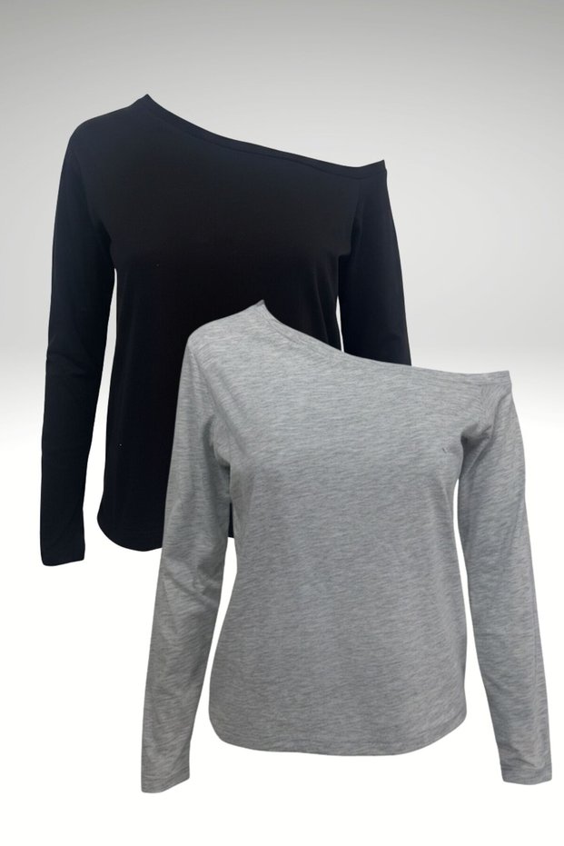 Black-Grimelange 2-Pack Women's Off-Shoulder Boat Neck Relaxed Fit Long Sleeve T-Shirt