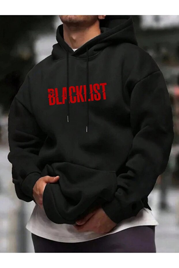 Unisex Black Oversized Hooded 100% Cotton 3 Thread B Printed Hoodie Wide Size