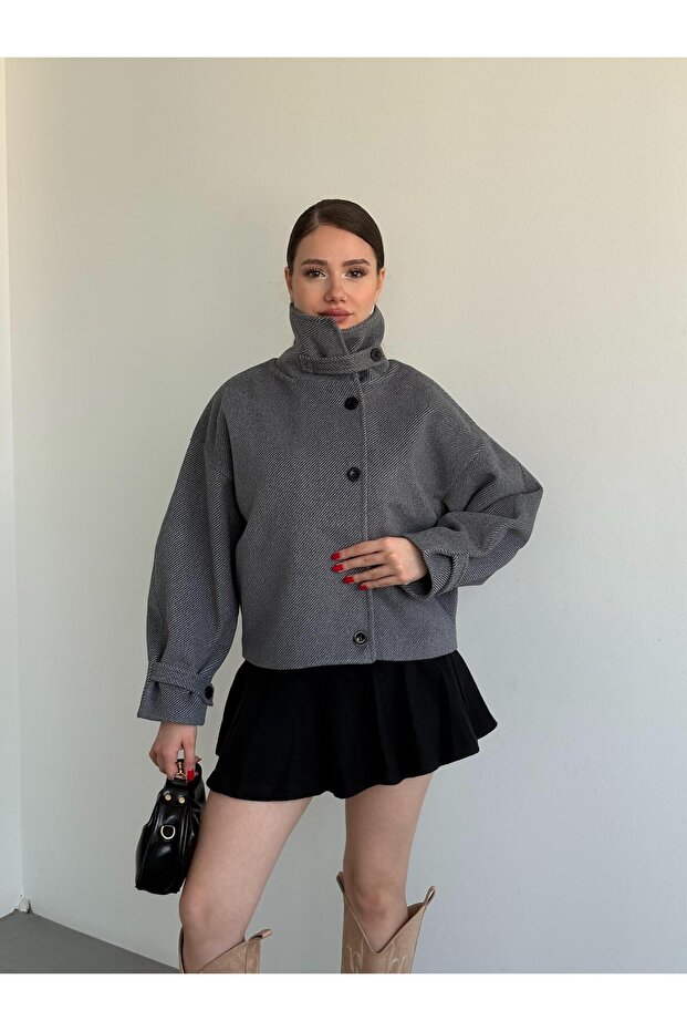 Kaşe Oversize Düğmeli Ceket - 4