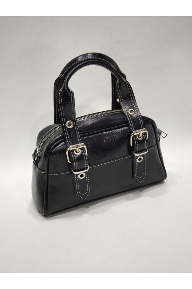 Vintage Buckle - Thick Stitched Boxed Hand and Shoulder Bag with Buckle | Retro Boston Bag