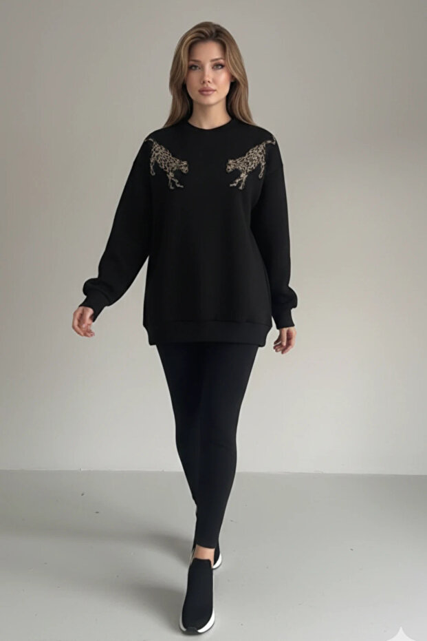 Pul İşlemeli Kaplan Detaylı Oversize Sweatshirt - 4