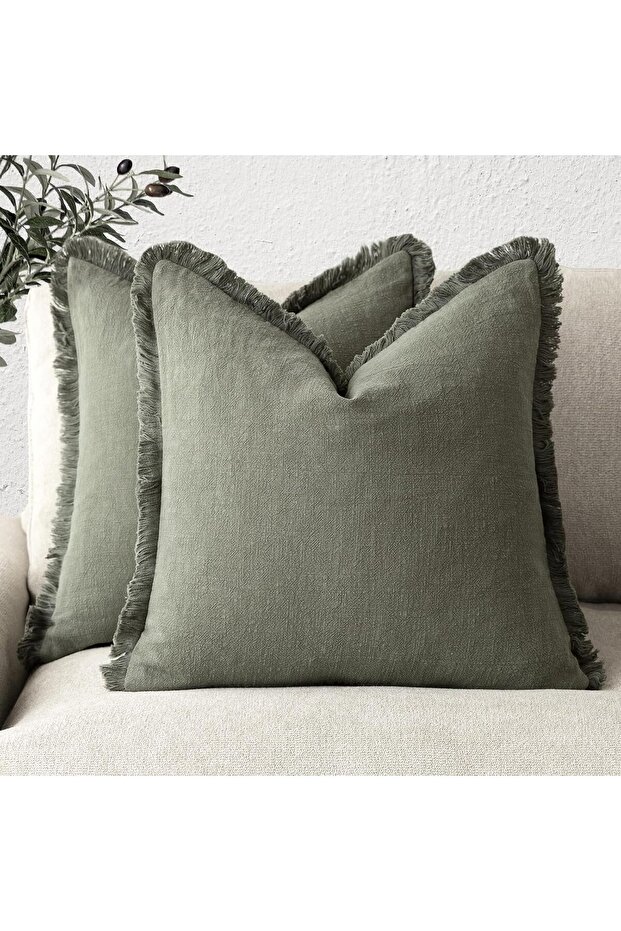 Set of 2 Decorative Throw Pillow Covers Boho Farmhouse Cushion Cover with Tassels 18x18 Inch Olive G