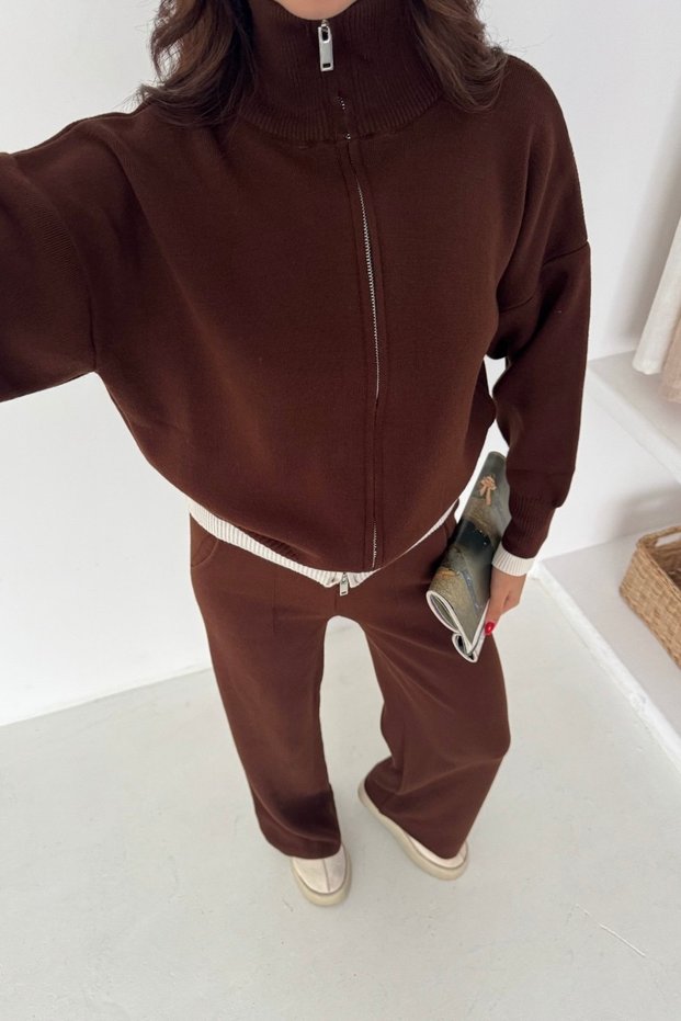 Zipper Detailed Oversized Knitwear Bottom-Top Set Aw25Au0049