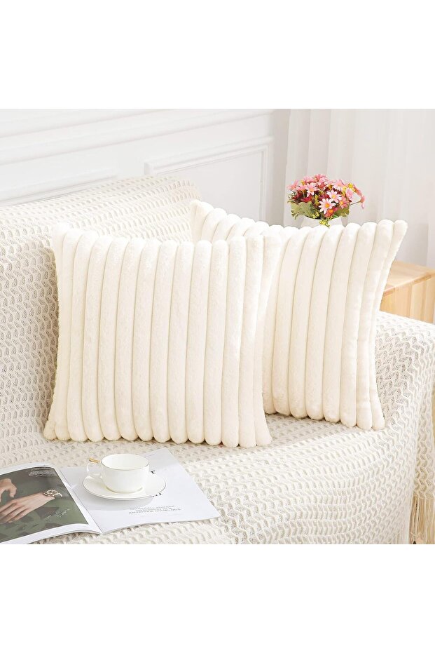 2 Pack Soft Throw Pillow Covers 45x45cm Cream White Striped Velvet Cushion Cover with Hidden Zipper