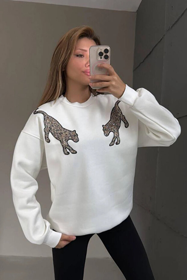 Pul İşlemeli Kaplan Detaylı Oversize Sweatshirt - 5