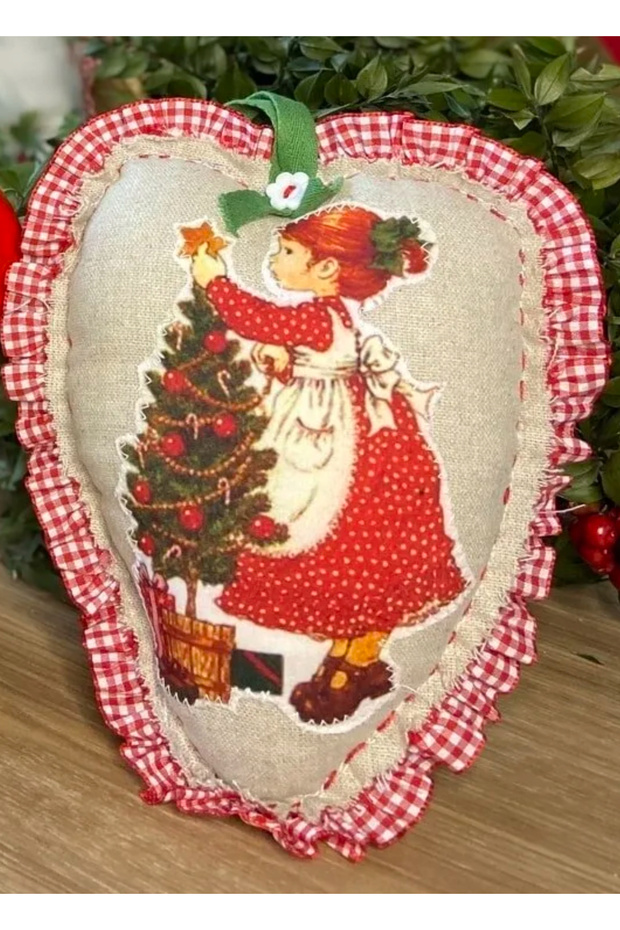 New Year's Themed Handmade Heart-Shaped Red Gingham Girl Pillow Tree Ornament