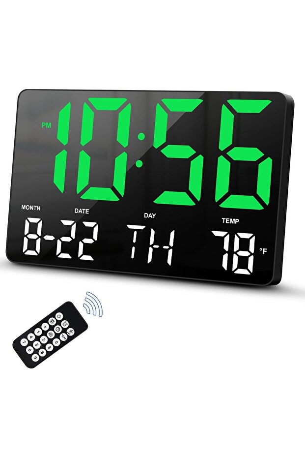 Digital Wall Clock with Remote, Large LED Display, Temperature/Date/Week (Green) - 1