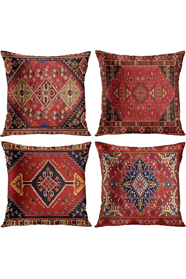 Set of 4 Throw Pillow Covers - Tribal Abstract Red & Black, 18x18 in (45x45 cm)