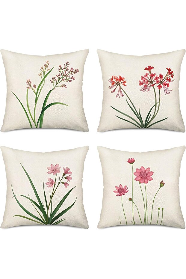 Spring Floral Pillow Covers 18x18 Inch Set of 4 - Red Pink Wildflower Linen
