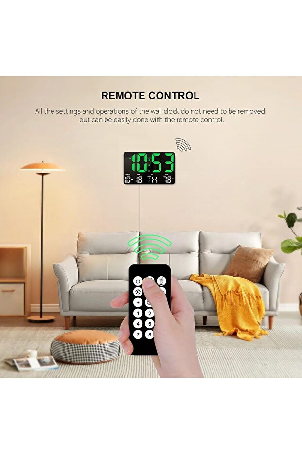 Digital Wall Clock with Remote, Large LED Display, Temperature/Date/Week (Green) - 5