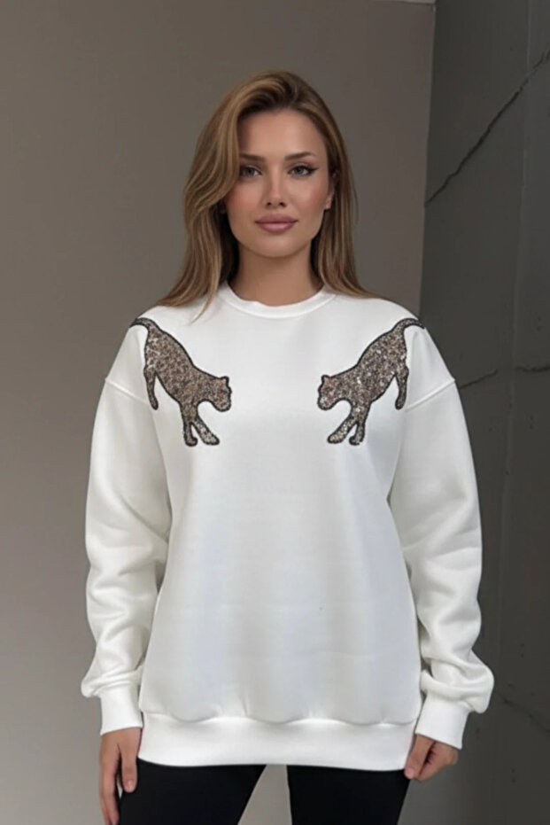 Pul İşlemeli Kaplan Detaylı Oversize Sweatshirt - 1