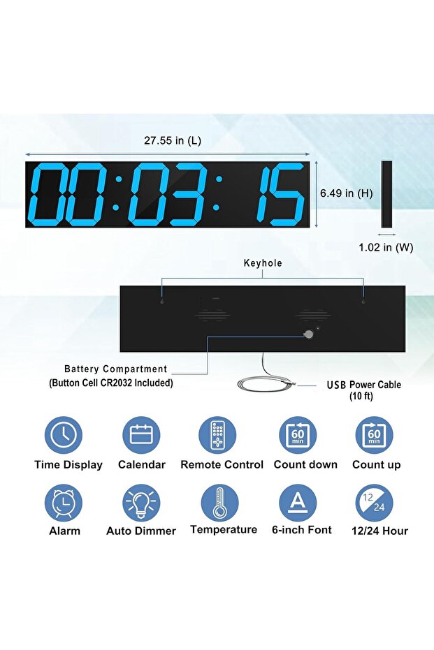 ساعة حائط رقمية LED بعرض 27 بوصة، مع خاصية التعتيم التلقائي، ومؤقت العد التنازلي، وجهاز تحكم عن بُعد (أزرق جليدي) - 2