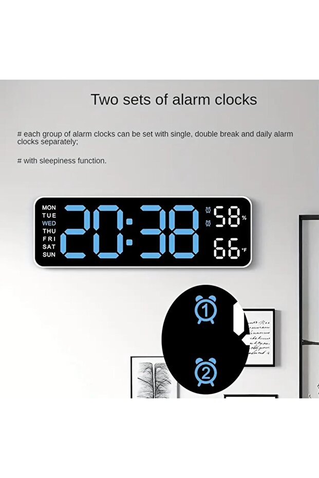 Large Digital Wall Clock with Temperature & Humidity - Green LED Display - 3
