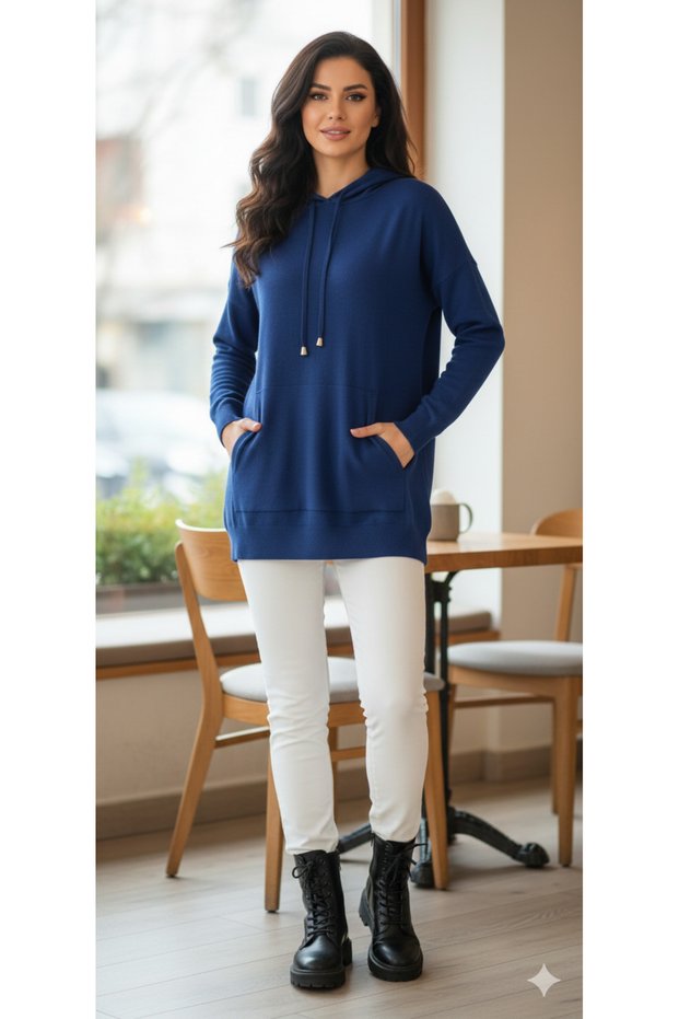 Parliament Blue Hooded Lace-Up Pocket Detailed Standard Size Knitwear Sweater
