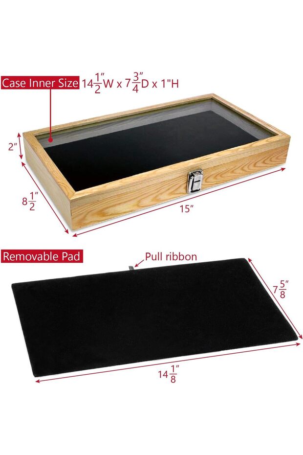 Wooden Jewelry Display Case with Tempered Glass Top & Removable Black Velvet Pad (Natural)