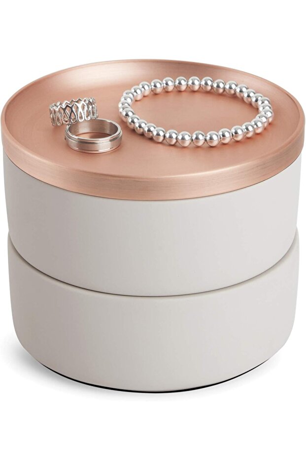 Tesora Jewelry Box, Two-Tier Resin Storage Container With Removable Lid, Concrete/Copper
