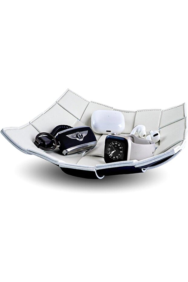 Valet Tray Desktop Storage Organizer - PU Leather Reversible Key Holder Bowl (Black/White)