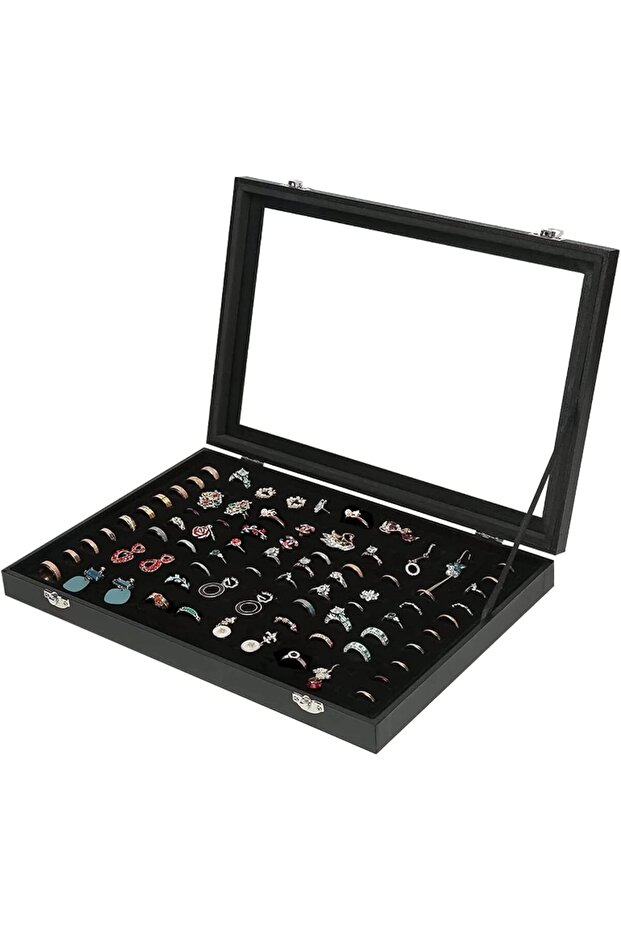 Jewelry Tray Ring Organizer, 100-Slot Ring Storage Box with Transparent Lid