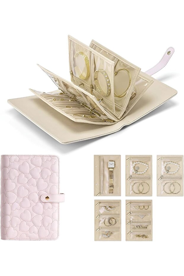 Travel Jewelry Organizer Case - Velvet Zipper Pouches, Foldable Organizer Book (Prink)