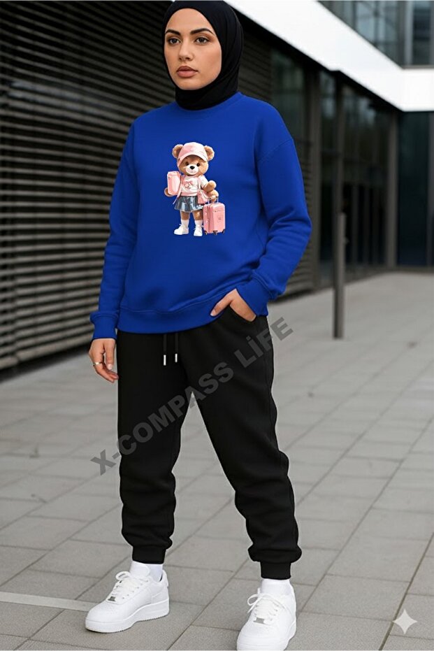 Women/Girls Loose Fitting Zero-Necklace Sweatshirt Set with Bag Bear Printed