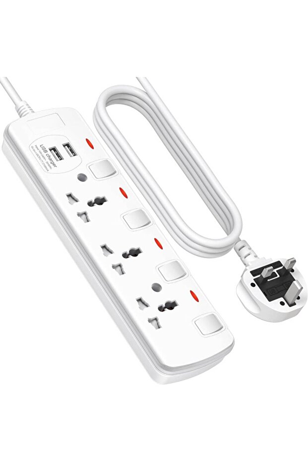 Extension Lead with USB, 3-Way Power Strip, 2 USB Ports, 2M Cable