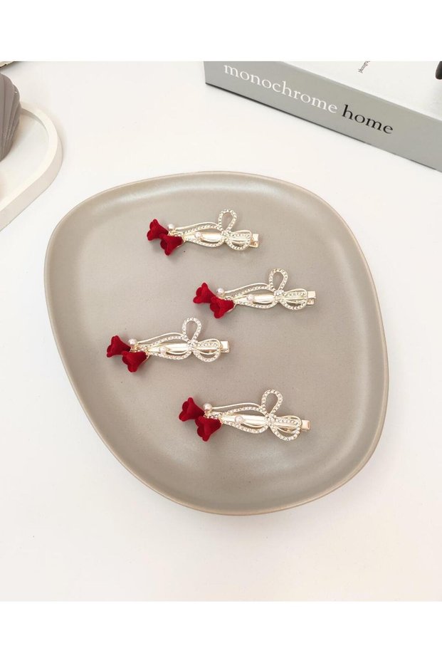 Gold Color 7 cm Metal Clip Clasp with Bow and Flock Lily Figure, Zircon Stone and Pearl Detail