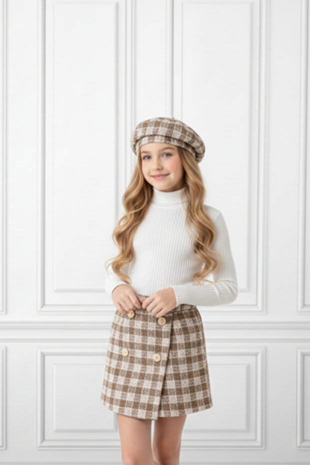 Girl's Plaid Shorts Skirt & Hat Set 2-8 Years 12313