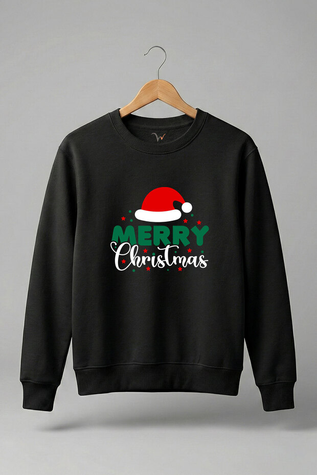 New Year Merry Christmas Christmas Hat Printed 3 Thread S Fleece-Lined 100% Cotton Black Sweatshirt