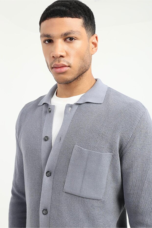 Men's Regular Fit Polo Collar Gray Cardigan