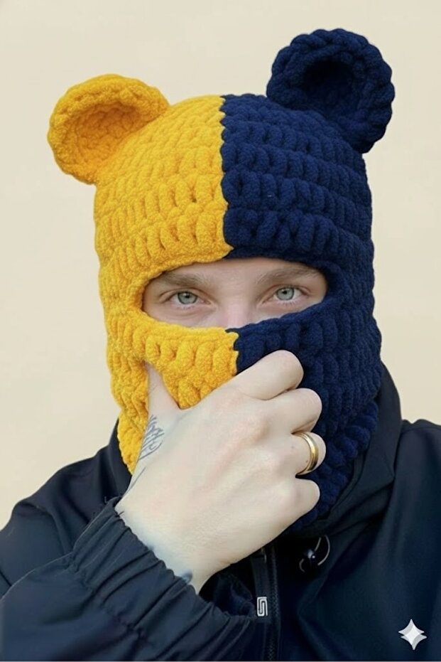 Teddy Bear Eared Supporter Beanie Balaclava Panda Unisex Beanie Balaclava Plush Puffy Alize Knit