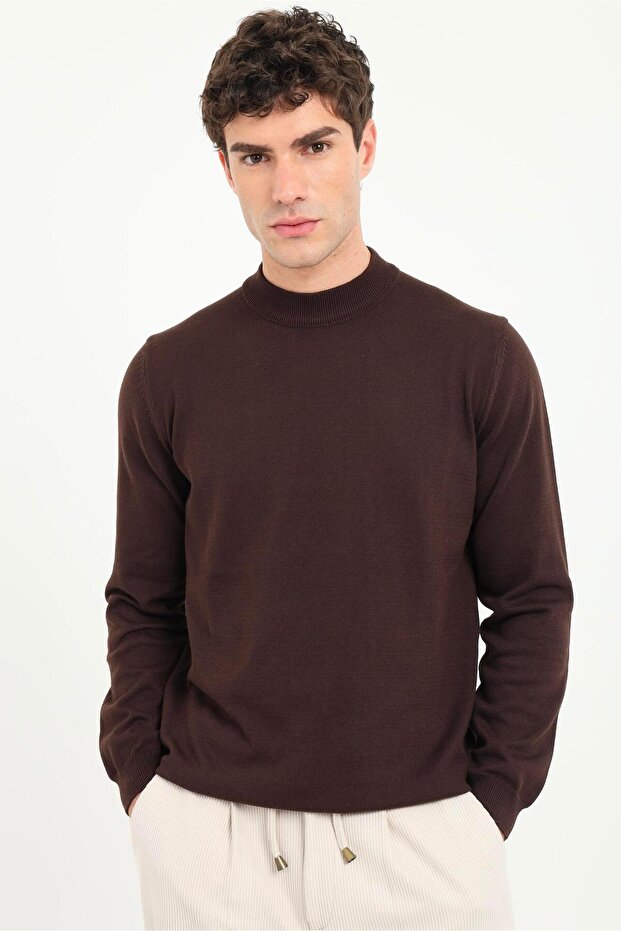 Men's Regular Fit Half Turtleneck Brown Knitwear